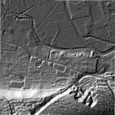 Shaded relief map of the ground around SP28JN, computed from Environment Agency LiDAR. The ground here sits at about 50 m above sea level and falls 62 m across the surrounding 800 m. Surface water reaching this point runs off ground lying to the south, 2.4 m higher.