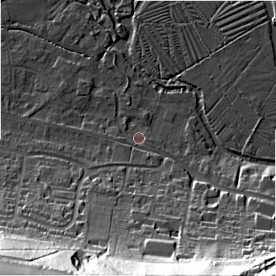 Shaded relief map of the ground around SP28LE, computed from Environment Agency LiDAR. The ground here sits at about 47 m above sea level and falls 49 m across the surrounding 800 m. Surface water reaching this point runs off ground lying to the south-south-west, 3.2 m higher.