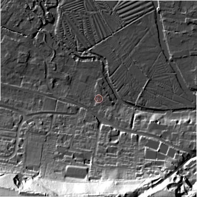 Shaded relief map of the ground around SP28LF, computed from Environment Agency LiDAR. The ground here sits at about 47 m above sea level and falls 50 m across the surrounding 800 m. Surface water reaching this point runs off ground lying to the south-south-west, 1.2 m higher.