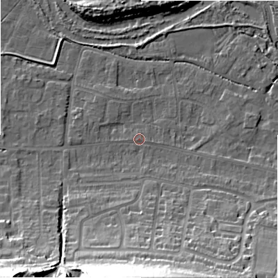 Shaded relief map of the ground around SP28LH, computed from Environment Agency LiDAR. The ground here sits at about 47 m above sea level and falls 33 m across the surrounding 800 m. Surface water reaching this point runs off ground lying to the south, 30.4 m higher.