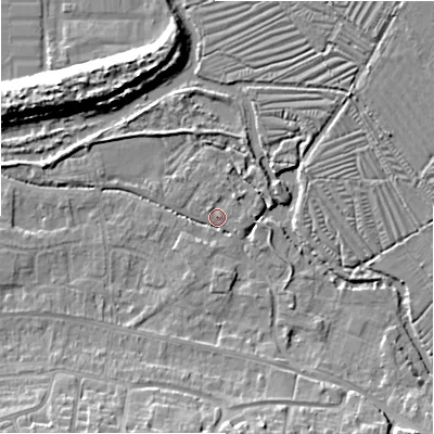 Shaded relief map of the ground around SP28LL, computed from Environment Agency LiDAR. The ground here sits at about 46 m above sea level and falls 11 m across the surrounding 800 m. Surface water reaching this point runs off ground lying to the south, 7.8 m higher.