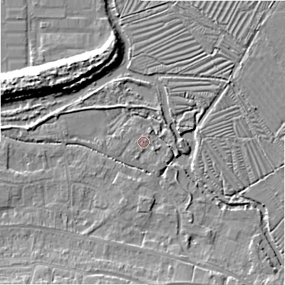 Shaded relief map of the ground around SP28LN, computed from Environment Agency LiDAR. The ground here sits at about 46 m above sea level and falls 11 m across the surrounding 800 m. Surface water reaching this point runs off ground lying to the north-east, 0.6 m higher.