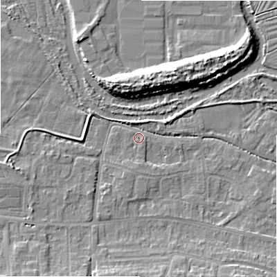 Shaded relief map of the ground around SP28LP, computed from Environment Agency LiDAR. The ground here sits at about 47 m above sea level and falls 10 m across the surrounding 800 m. Surface water reaching this point runs off ground lying to the south, 1.3 m higher.