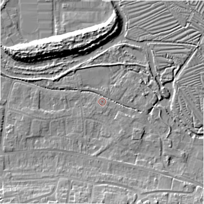 Shaded relief map of the ground around SP28LR, computed from Environment Agency LiDAR. The ground here sits at about 46 m above sea level and falls 10 m across the surrounding 800 m. Surface water reaching this point runs off ground lying to the south-south-east, 7.0 m higher.