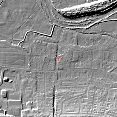 Shaded relief map of the ground around SP28LS, computed from Environment Agency LiDAR. The ground here sits at about 47 m above sea level and falls 25 m across the surrounding 800 m. Surface water reaching this point runs off ground lying to the west, 1.3 m higher.