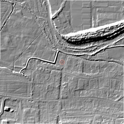 Shaded relief map of the ground around SP28LT, computed from Environment Agency LiDAR. The ground here sits at about 46 m above sea level and falls 10 m across the surrounding 800 m. Surface water reaching this point runs off ground lying to the west-south-west, 3.1 m higher.