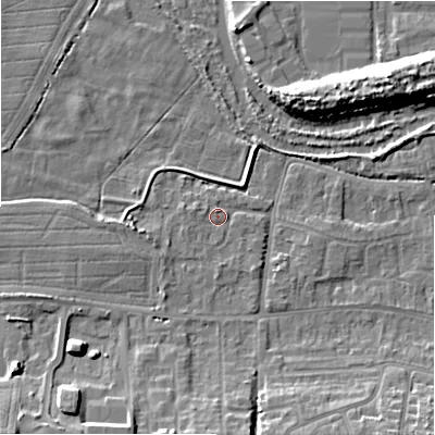 Shaded relief map of the ground around SP28LU, computed from Environment Agency LiDAR. The ground here sits at about 47 m above sea level and falls 11 m across the surrounding 800 m. Surface water reaching this point runs off ground lying to the south-south-east, 1.0 m higher.