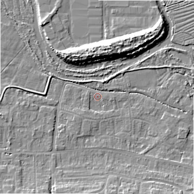 Shaded relief map of the ground around SP28LW, computed from Environment Agency LiDAR. The ground here sits at about 46 m above sea level and falls 10 m across the surrounding 800 m. Surface water reaching this point runs off ground lying to the south-west, 1.8 m higher.