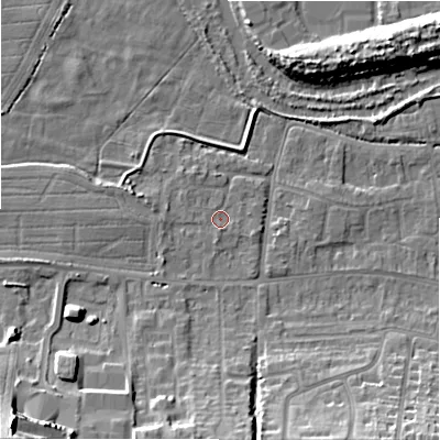 Shaded relief map of the ground around SP28LX, computed from Environment Agency LiDAR. The ground here sits at about 47 m above sea level and falls 25 m across the surrounding 800 m. Surface water reaching this point runs off ground lying to the east-south-east, 0.8 m higher.