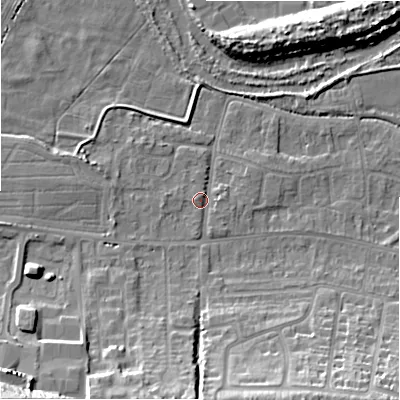 Shaded relief map of the ground around SP28LY, computed from Environment Agency LiDAR. The ground here sits at about 47 m above sea level and falls 28 m across the surrounding 800 m. Surface water reaching this point runs off ground lying to the west-north-west, 1.3 m higher.