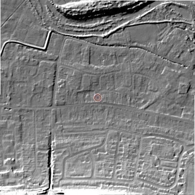 Shaded relief map of the ground around SP28LZ, computed from Environment Agency LiDAR. The ground here sits at about 47 m above sea level and falls 25 m across the surrounding 800 m. Surface water reaching this point runs off ground lying to the west, 2.0 m higher.