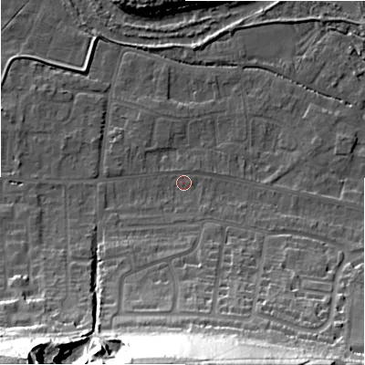 Shaded relief map of the ground around SP28NA, computed from Environment Agency LiDAR. The ground here sits at about 47 m above sea level and falls 42 m across the surrounding 800 m. Surface water reaching this point runs off ground lying to the south-west, 40.0 m higher.