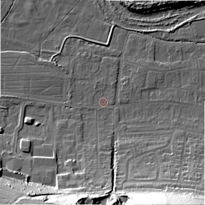 Shaded relief map of the ground around SP28NB, computed from Environment Agency LiDAR. The ground here sits at about 47 m above sea level and falls 39 m across the surrounding 800 m. Surface water reaching this point runs off ground lying to the south-south-west, 37.7 m higher.