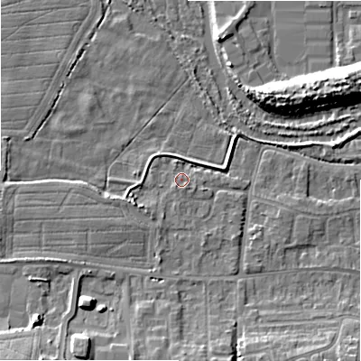 Shaded relief map of the ground around SP28ND, computed from Environment Agency LiDAR. The ground here sits at about 47 m above sea level and falls 9 m across the surrounding 800 m. Surface water reaching this point runs off ground lying to the south-west, 0.8 m higher.