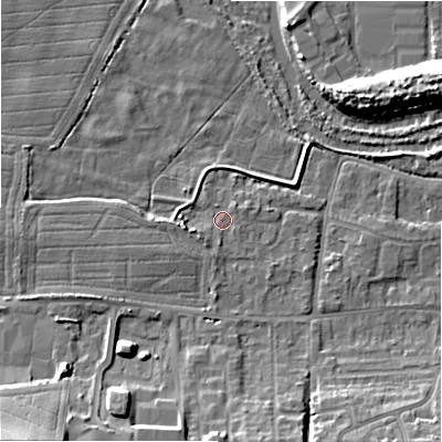 Shaded relief map of the ground around SP28NE, computed from Environment Agency LiDAR. The ground here sits at about 47 m above sea level and falls 19 m across the surrounding 800 m. Surface water reaching this point runs off ground lying to the west-south-west, 1.9 m higher.