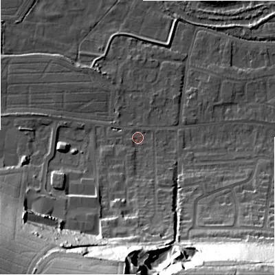 Shaded relief map of the ground around SP28NG, computed from Environment Agency LiDAR. The ground here sits at about 47 m above sea level and falls 45 m across the surrounding 800 m. Surface water reaching this point runs off ground lying to the south, 24.7 m higher.