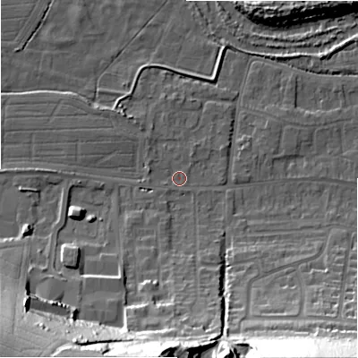 Shaded relief map of the ground around SP28NP, computed from Environment Agency LiDAR. The ground here sits at about 47 m above sea level and falls 38 m across the surrounding 800 m. Surface water reaching this point runs off ground lying to the south-south-west, 36.7 m higher.