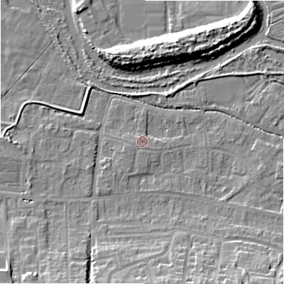 Shaded relief map of the ground around SP28NT, computed from Environment Agency LiDAR. The ground here sits at about 47 m above sea level and falls 10 m across the surrounding 800 m. Surface water reaching this point runs off ground lying to the west-south-west, 1.8 m higher.