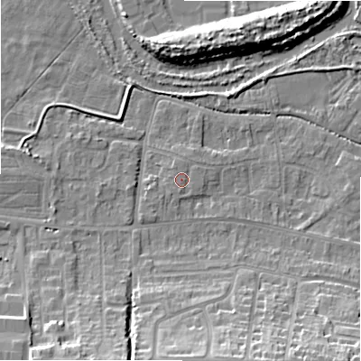 Shaded relief map of the ground around SP28NU, computed from Environment Agency LiDAR. The ground here sits at about 47 m above sea level and falls 12 m across the surrounding 800 m. Surface water reaching this point runs off ground lying to the south-west, 0.7 m higher.