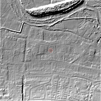 Shaded relief map of the ground around SP28NX, computed from Environment Agency LiDAR. The ground here sits at about 47 m above sea level and falls 13 m across the surrounding 800 m. Surface water reaching this point runs off ground lying to the west, 1.9 m higher.
