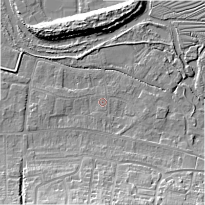 Shaded relief map of the ground around SP28NY, computed from Environment Agency LiDAR. The ground here sits at about 46 m above sea level and falls 12 m across the surrounding 800 m. Surface water reaching this point runs off ground lying to the west, 1.9 m higher.