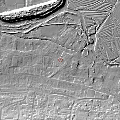 Shaded relief map of the ground around SP28PA, computed from Environment Agency LiDAR. The ground here sits at about 46 m above sea level and falls 13 m across the surrounding 800 m. Surface water reaching this point runs off ground lying to the south-east, 1.1 m higher.