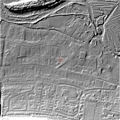 Shaded relief map of the ground around SP28PB, computed from Environment Agency LiDAR. The ground here sits at about 46 m above sea level and falls 23 m across the surrounding 800 m. Surface water reaching this point runs off ground lying to the south-south-west, 18.3 m higher.