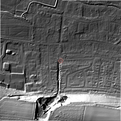 Shaded relief map of the ground around SP28PD, computed from Environment Agency LiDAR. The ground here sits at about 48 m above sea level and falls 54 m across the surrounding 800 m. Surface water reaching this point runs off ground lying to the south, 50.6 m higher.