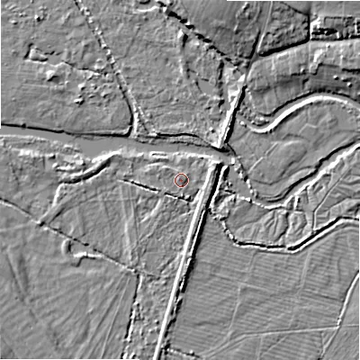 Shaded relief map of the ground around SP28PH, computed from Environment Agency LiDAR. The ground here sits at about 51 m above sea level and falls 8 m across the surrounding 800 m. Surface water reaching this point runs off ground lying to the east-north-east, 1.9 m higher.