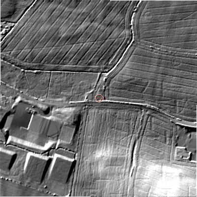 Shaded relief map of the ground around SP28PP, computed from Environment Agency LiDAR. The ground here sits at about 49 m above sea level and falls 25 m across the surrounding 800 m. Surface water reaching this point runs off ground lying to the east-south-east, 1.4 m higher.