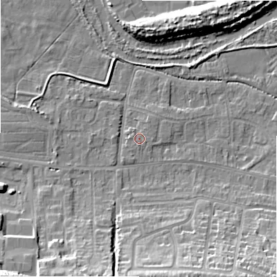 Shaded relief map of the ground around SP28PQ, computed from Environment Agency LiDAR. The ground here sits at about 47 m above sea level and falls 21 m across the surrounding 800 m. Surface water reaching this point runs off ground lying to the west-north-west, 0.9 m higher.