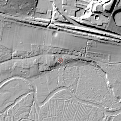 Shaded relief map of the ground around SP29AP, computed from Environment Agency LiDAR. The ground here sits at about 53 m above sea level and falls 45 m across the surrounding 800 m. Surface water reaching this point runs off ground lying to the north-east, 15.9 m higher.