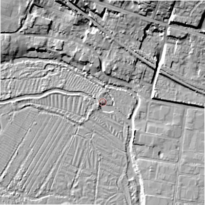 Shaded relief map of the ground around SP29NG, computed from Environment Agency LiDAR. The ground here sits at about 48 m above sea level and falls 20 m across the surrounding 800 m. Surface water reaching this point runs off ground lying to the west-south-west, 1.9 m higher.