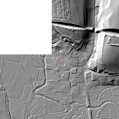Shaded relief map of the ground around SP34AH, computed from Environment Agency LiDAR. The ground here sits at about 63 m above sea level and falls 36 m across the surrounding 800 m. Surface water reaching this point runs off ground lying to the north-north-east, 6.3 m higher.
