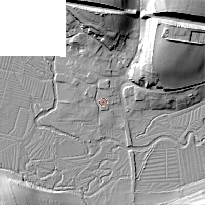Shaded relief map of the ground around SP34AL, computed from Environment Agency LiDAR. The ground here sits at about 63 m above sea level and falls 36 m across the surrounding 800 m. Surface water reaching this point runs off ground lying to the north, 2.3 m higher.