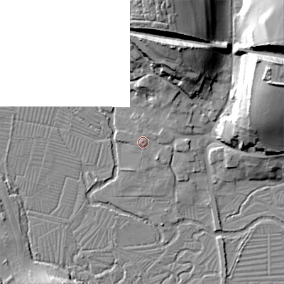 Shaded relief map of the ground around SP34AN, computed from Environment Agency LiDAR. The ground here sits at about 63 m above sea level and falls 35 m across the surrounding 800 m. Surface water reaching this point runs off ground lying to the north-north-east, 1.1 m higher.