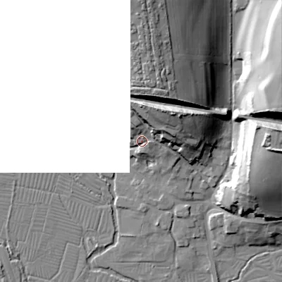 Shaded relief map of the ground around SP34AQ, computed from Environment Agency LiDAR. The ground here sits at about 67 m above sea level and falls 38 m across the surrounding 800 m. Surface water reaching this point runs off ground lying to the north-east, 20.8 m higher.