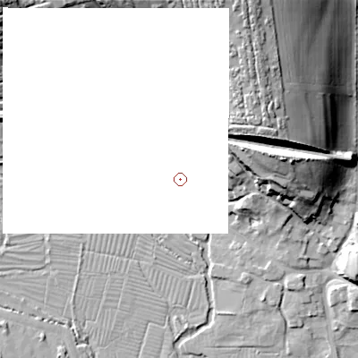 Shaded relief map of the ground around SP34AS, computed from Environment Agency LiDAR. and falls 39 m across the surrounding 800 m.