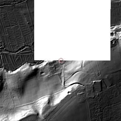 Shaded relief map of the ground around SP34BA, computed from Environment Agency LiDAR. The ground here sits at about 74 m above sea level and falls 54 m across the surrounding 800 m. Surface water reaching this point runs off ground lying to the south-east, 18.7 m higher.