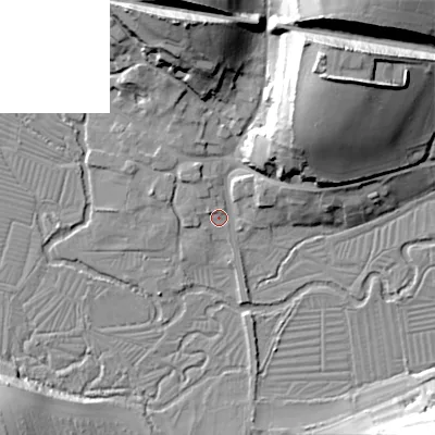 Shaded relief map of the ground around SP34BL, computed from Environment Agency LiDAR. The ground here sits at about 61 m above sea level and falls 36 m across the surrounding 800 m. Surface water reaching this point runs off ground lying to the north-west, 2.2 m higher.
