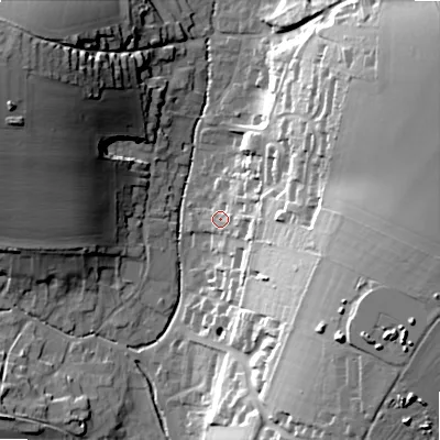 Shaded relief map of the ground around SP34BW, computed from Environment Agency LiDAR. The ground here sits at about 83 m above sea level and falls 36 m across the surrounding 800 m. Surface water reaching this point runs off ground lying to the east-south-east, 31.2 m higher.