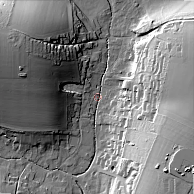 Shaded relief map of the ground around SP34BZ, computed from Environment Agency LiDAR. The ground here sits at about 79 m above sea level and falls 36 m across the surrounding 800 m. Surface water reaching this point runs off ground lying to the east-south-east, 32.3 m higher.