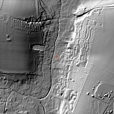 Shaded relief map of the ground around SP34DB, computed from Environment Agency LiDAR. The ground here sits at about 80 m above sea level and falls 36 m across the surrounding 800 m. Surface water reaching this point runs off ground lying to the east-south-east, 5.0 m higher.