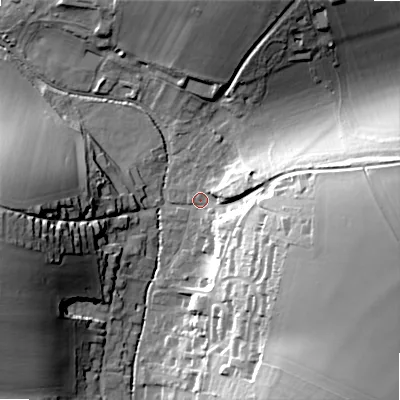 Shaded relief map of the ground around SP34DJ, computed from Environment Agency LiDAR. The ground here sits at about 81 m above sea level and falls 34 m across the surrounding 800 m. Surface water reaching this point runs off ground lying to the east-south-east, 30.9 m higher.
