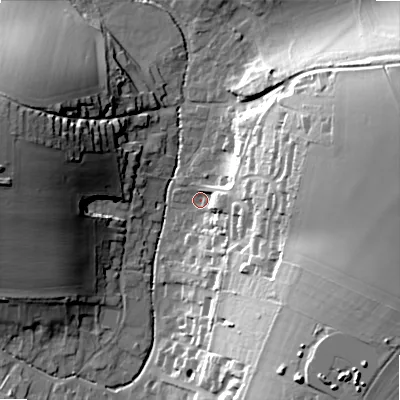 Shaded relief map of the ground around SP34DY, computed from Environment Agency LiDAR. The ground here sits at about 80 m above sea level and falls 36 m across the surrounding 800 m. Surface water reaching this point runs off ground lying to the east, 31.4 m higher.