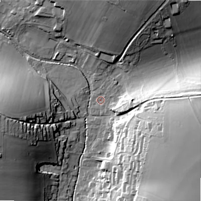 Shaded relief map of the ground around SP34EA, computed from Environment Agency LiDAR. The ground here sits at about 81 m above sea level and falls 34 m across the surrounding 800 m. Surface water reaching this point runs off ground lying to the east-south-east, 31.4 m higher.