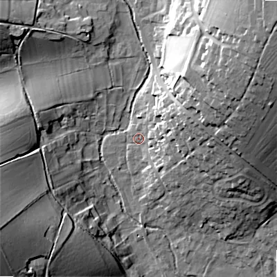 Shaded relief map of the ground around SP34EG, computed from Environment Agency LiDAR. The ground here sits at about 79 m above sea level and falls 34 m across the surrounding 800 m. Surface water reaching this point runs off ground lying to the north-east, 31.9 m higher.