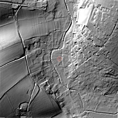Shaded relief map of the ground around SP34EP, computed from Environment Agency LiDAR. The ground here sits at about 78 m above sea level and falls 33 m across the surrounding 800 m. Surface water reaching this point runs off ground lying to the north-east, 30.7 m higher.