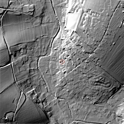 Shaded relief map of the ground around SP34EQ, computed from Environment Agency LiDAR. The ground here sits at about 82 m above sea level and falls 36 m across the surrounding 800 m. Surface water reaching this point runs off ground lying to the east-north-east, 14.6 m higher.
