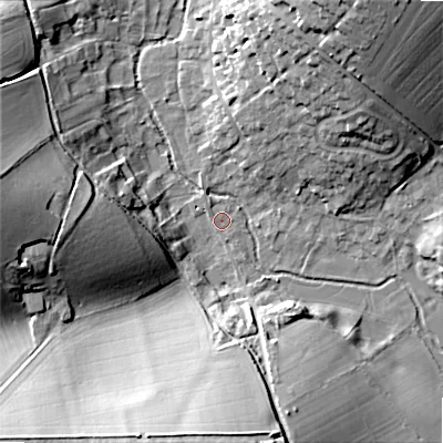Shaded relief map of the ground around SP34ER, computed from Environment Agency LiDAR. The ground here sits at about 78 m above sea level and falls 33 m across the surrounding 800 m. Surface water reaching this point runs off ground lying to the south-west, 31.9 m higher.
